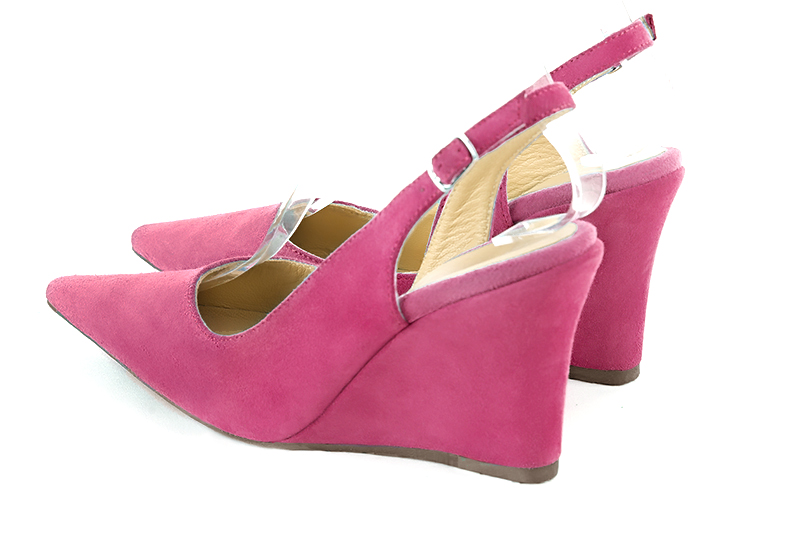 Fuschia pink women's slingback shoes. Pointed toe. High wedge heels. Rear view - Florence KOOIJMAN